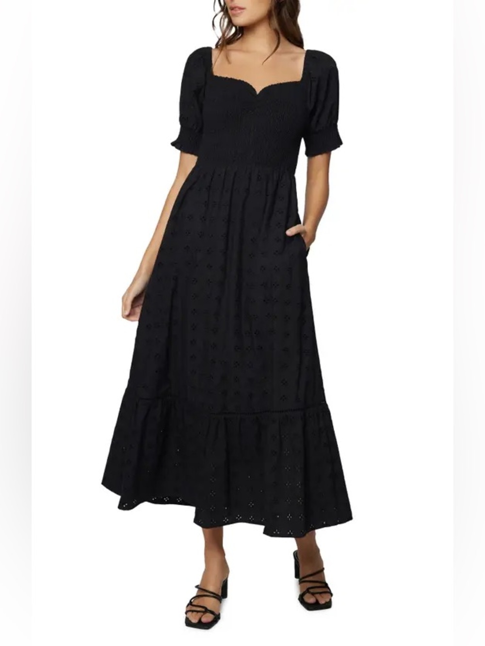 Lost + Wander Black Eyelet Puff-Sleeve Maxi Dress